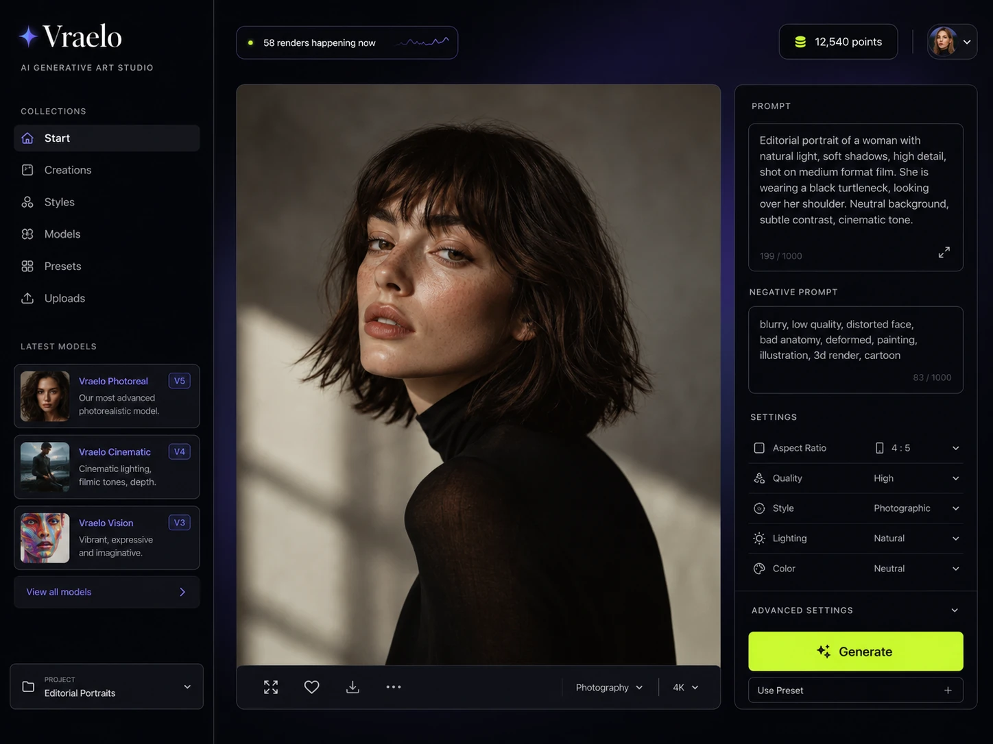 Vraelo studio interface — prompt, model catalog and generation settings on a single screen